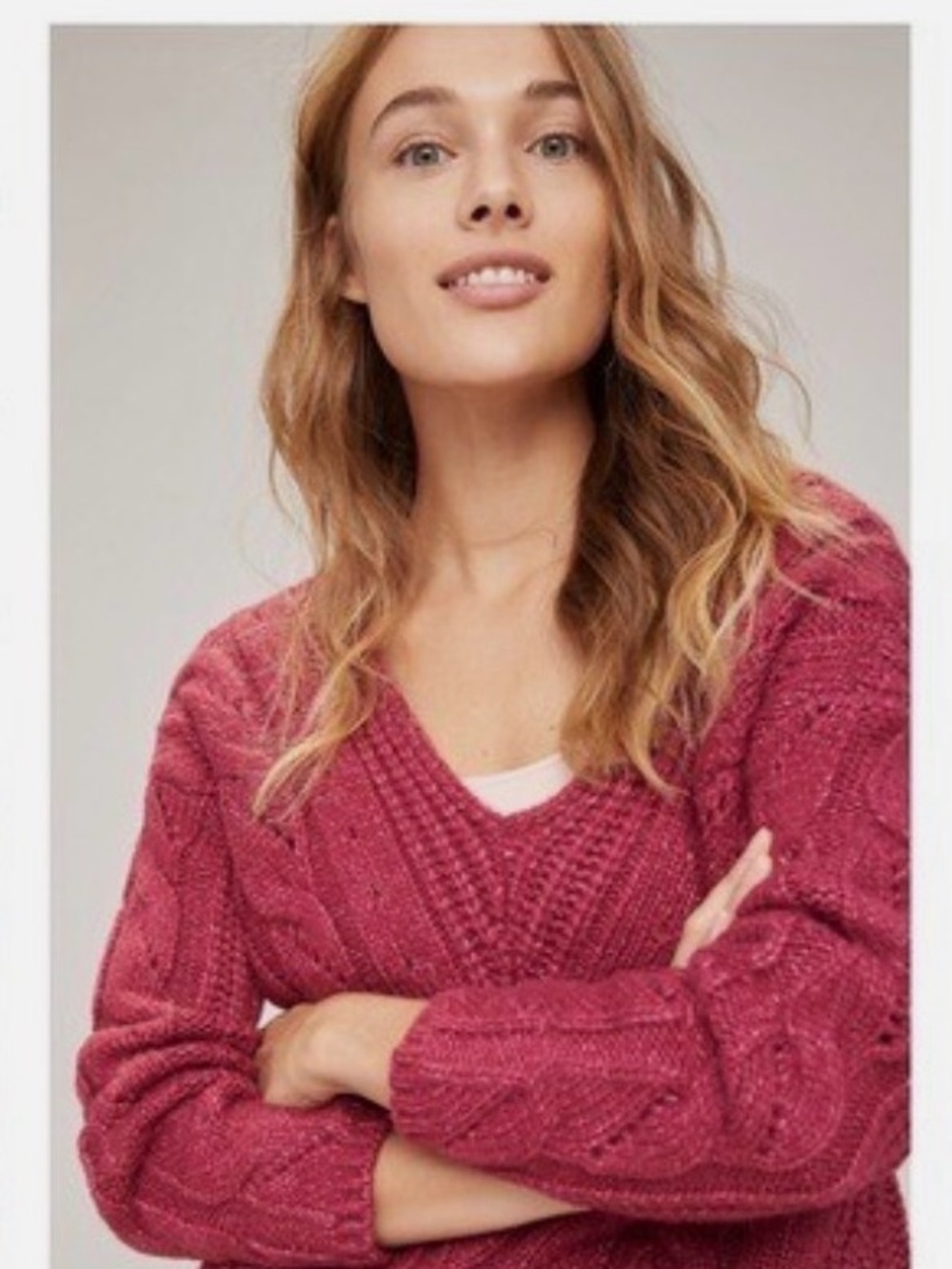 Anthropologie Ramona Dark Pink Vneck Cable Knit Sweater Chunky Oversized… - Picture 5 of 5